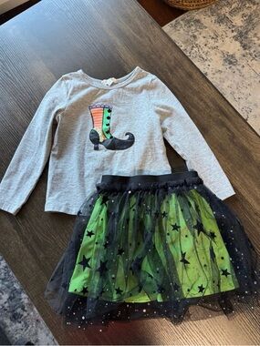 Truly Me Gray Top with Green and Black Witch Skirt Set